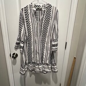 Boo Gemes‎ Black White Geometric Tribal Cotton Ruffle Bell Sleeve Tunic Dress M